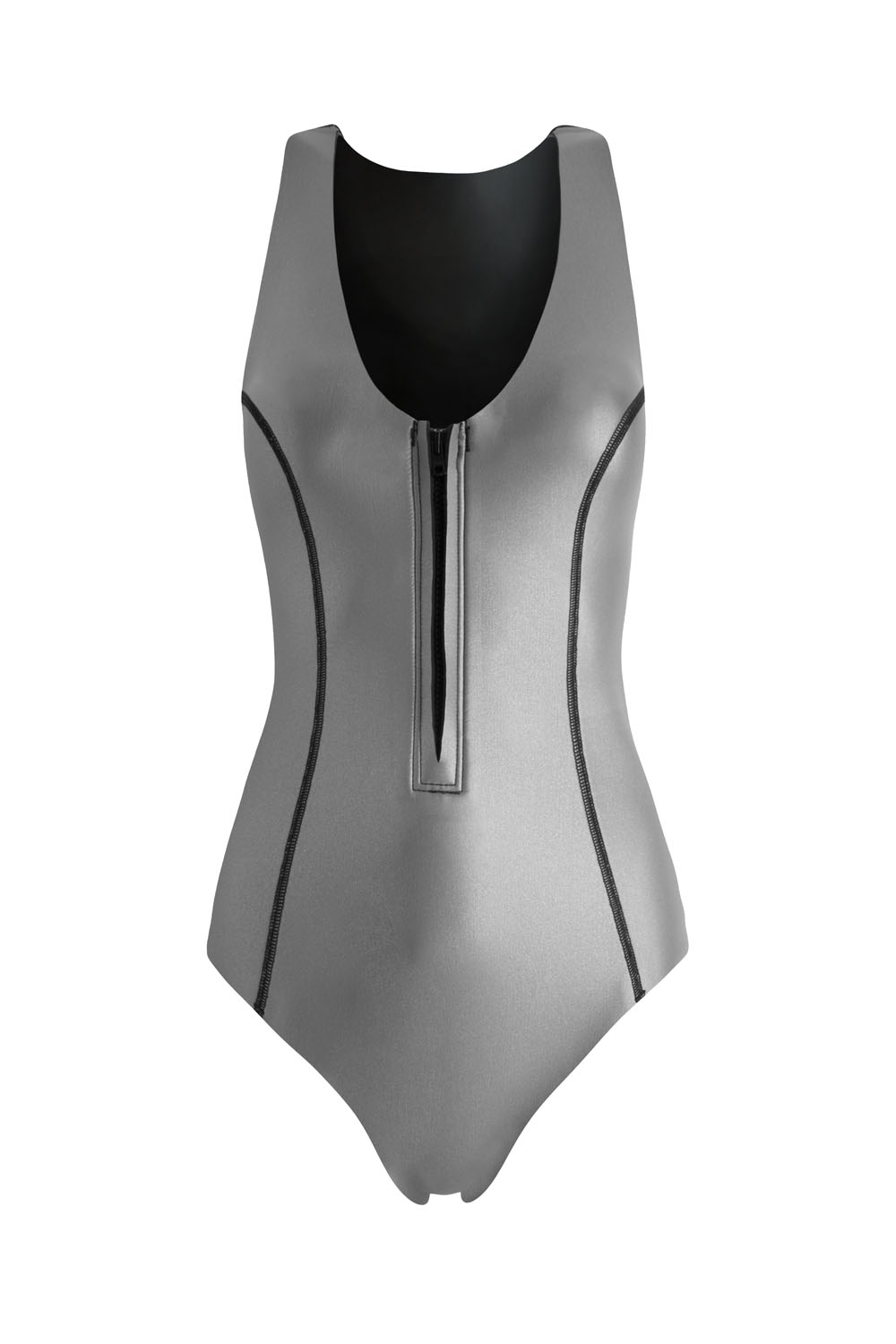 Neoprene wetsuit, petroleum-free ecoprene. Sylvia surf swimsuit in silver, by NOW_THEN, sustainable swimwear.