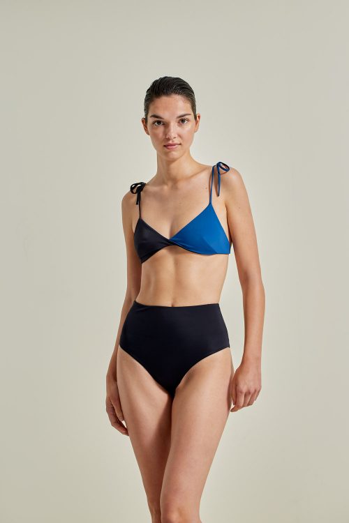 Sustainable Bikini, recycled fabric, handmade in Spain. Ons + Farond in black / atlantic, by NOW_THEN