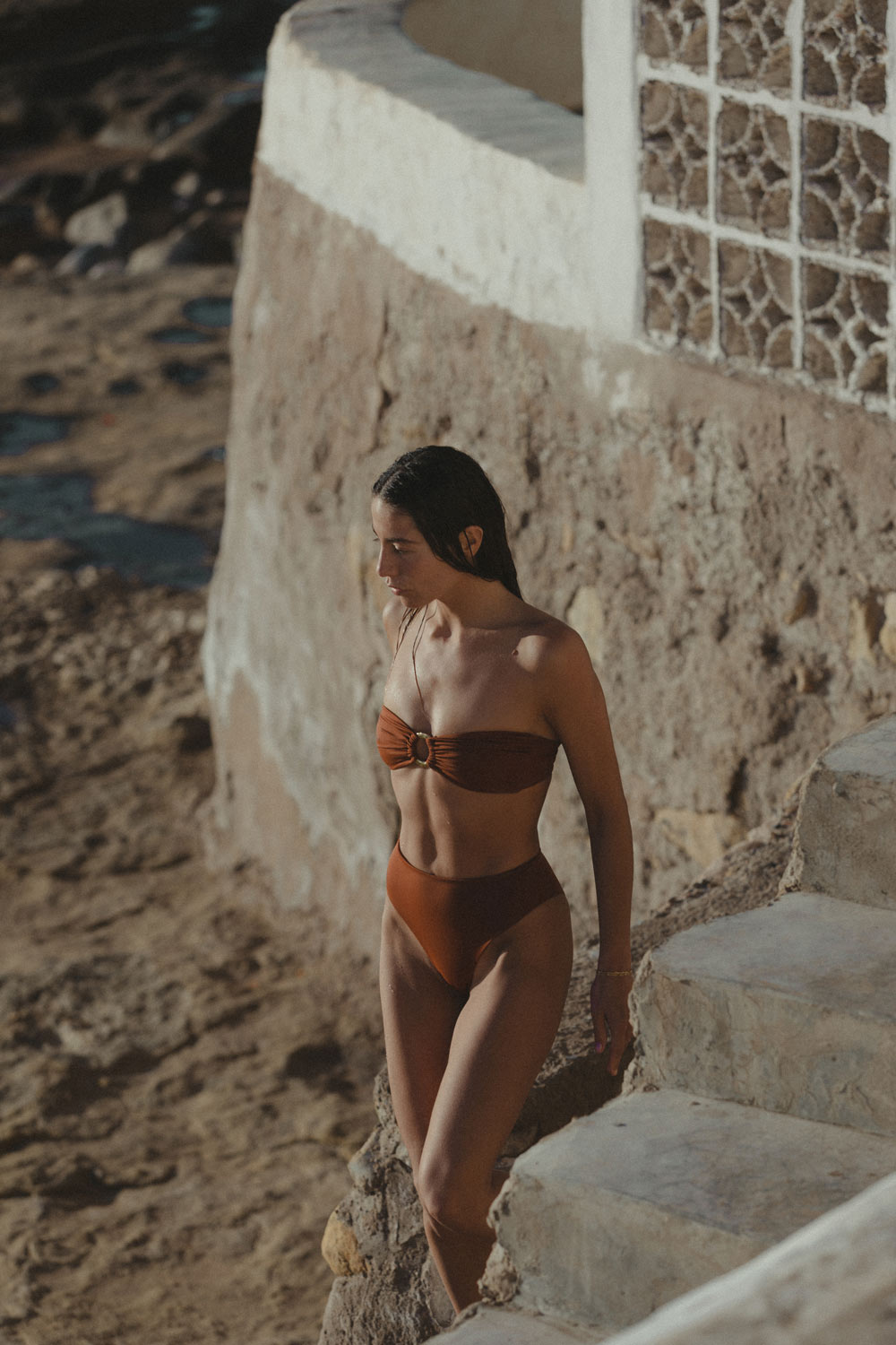 Pemba bottom in terracotta by NOW_THEN, eco swimwear made from recycled plastic, handmade, ECONYL, swimwear for women, sustainable swimwear for surfing.